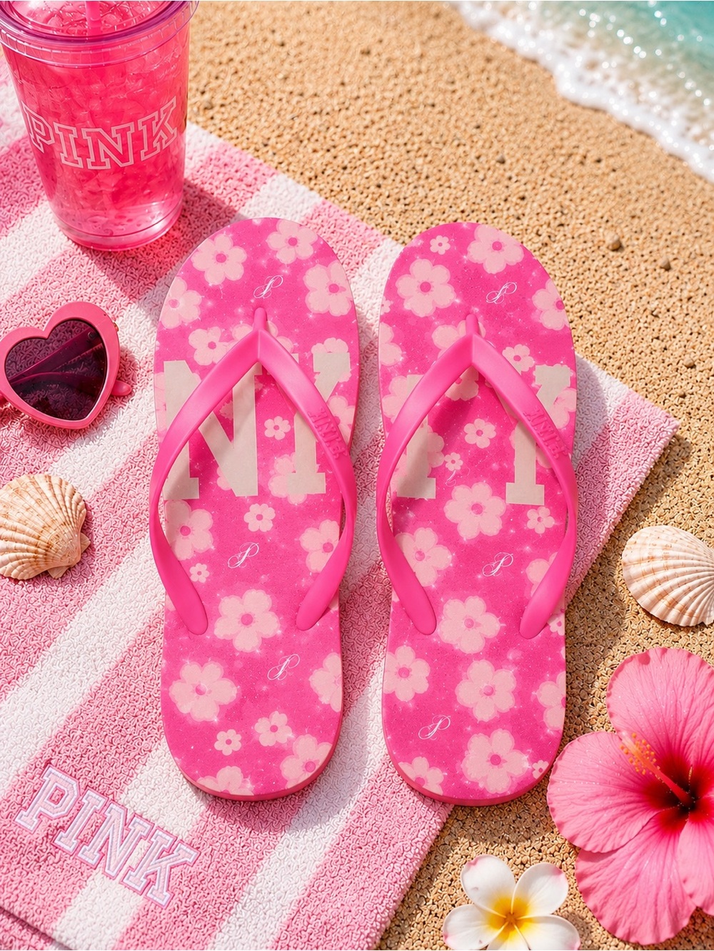 Victoria’s Secret PINK Floral Flip Flops Pink Logo Sandals